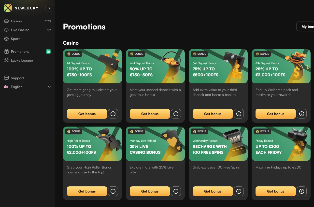 Newlucky Casino desktop promotions area